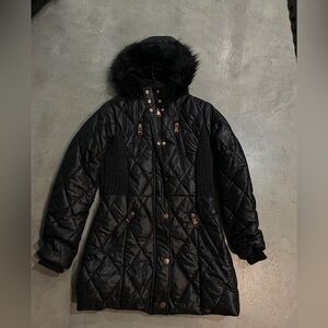 Black Quilted Women's Coat with Faux Fur Hood